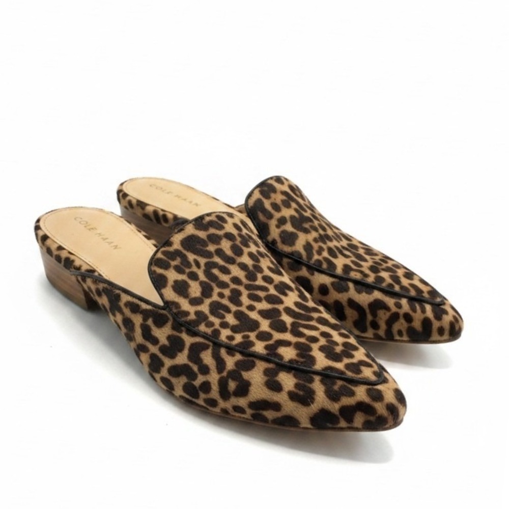 Cole Haan Mules 7.5B Leopard Print Calf Hair Pointed Toe Chic Animalier